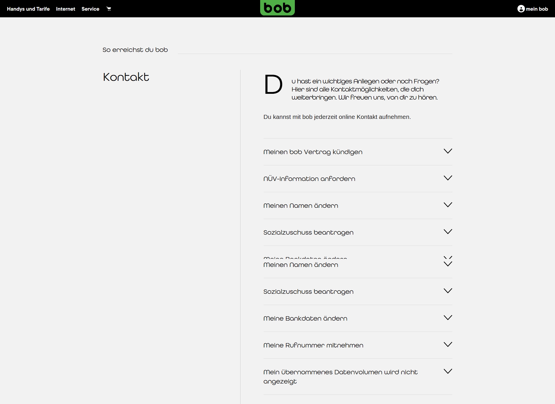 bob Kundenservice, Telefonnummer, Kontakt
