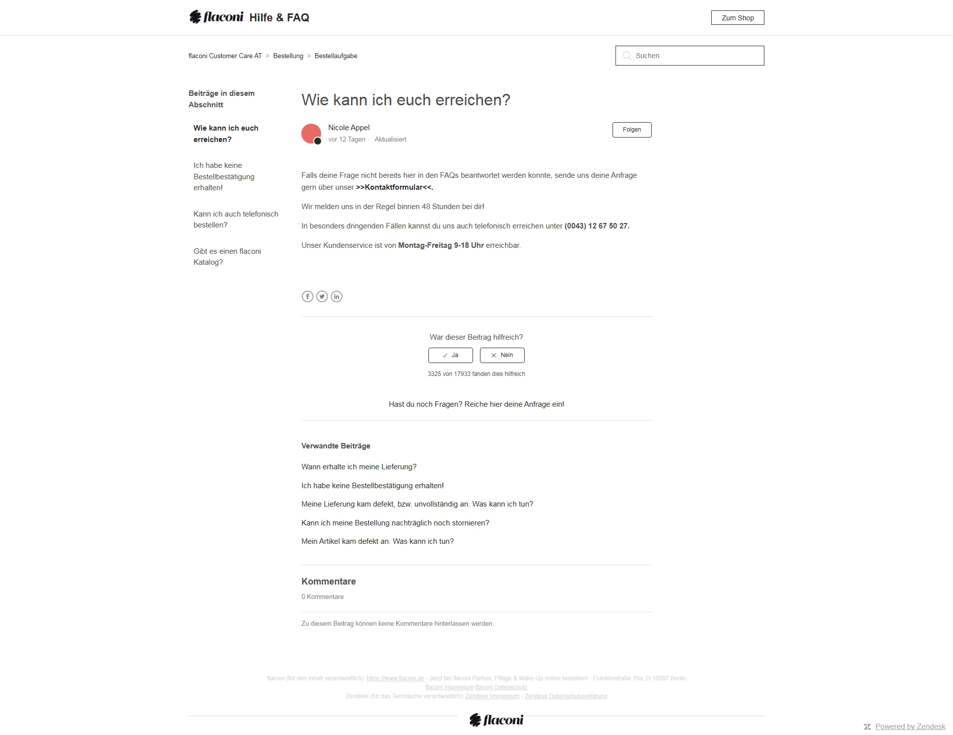 Flaconi Kundenservice, Telefonnummer, Kontakt