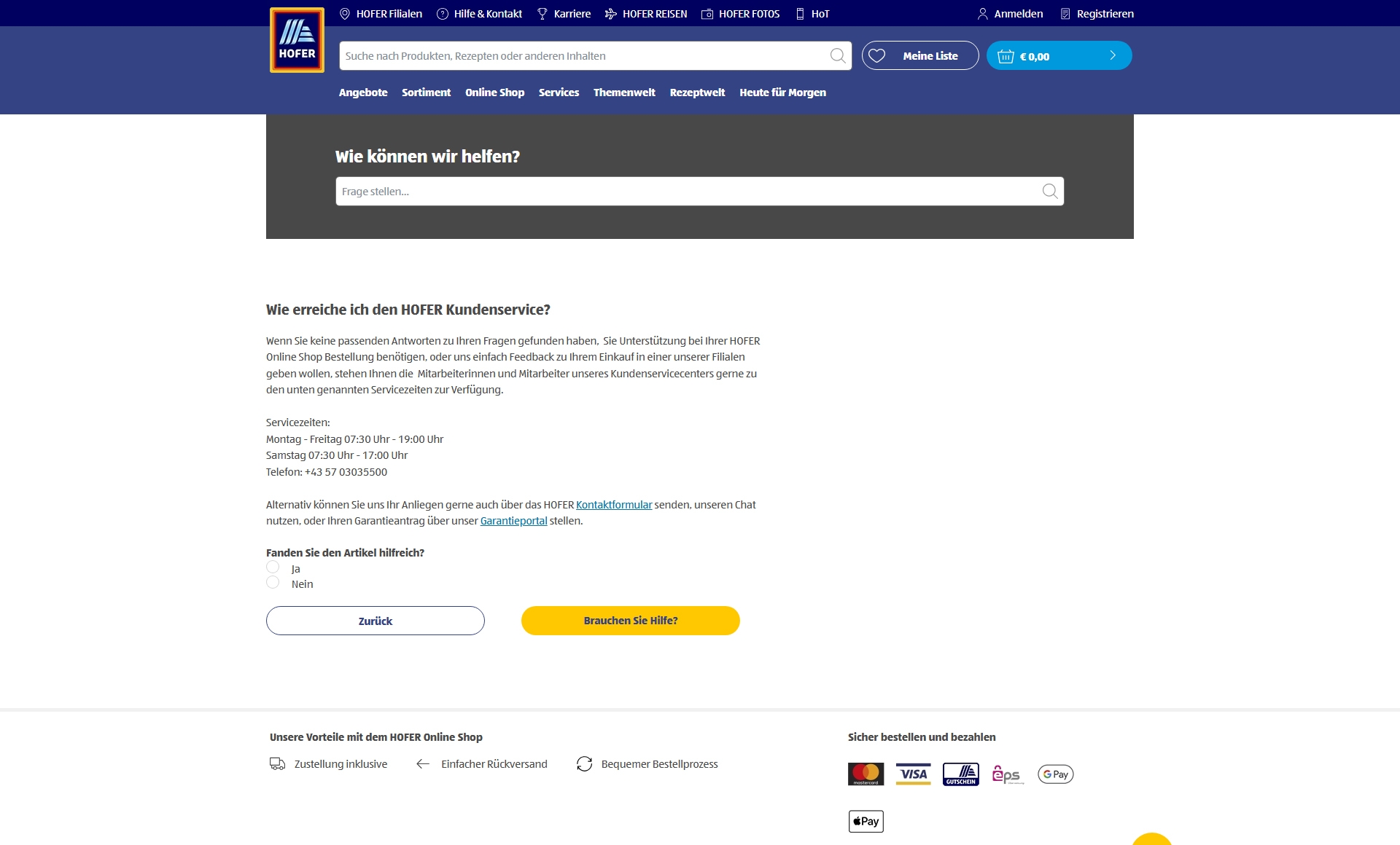 HOFER Kundenservice, Telefonnummer, Kontakt