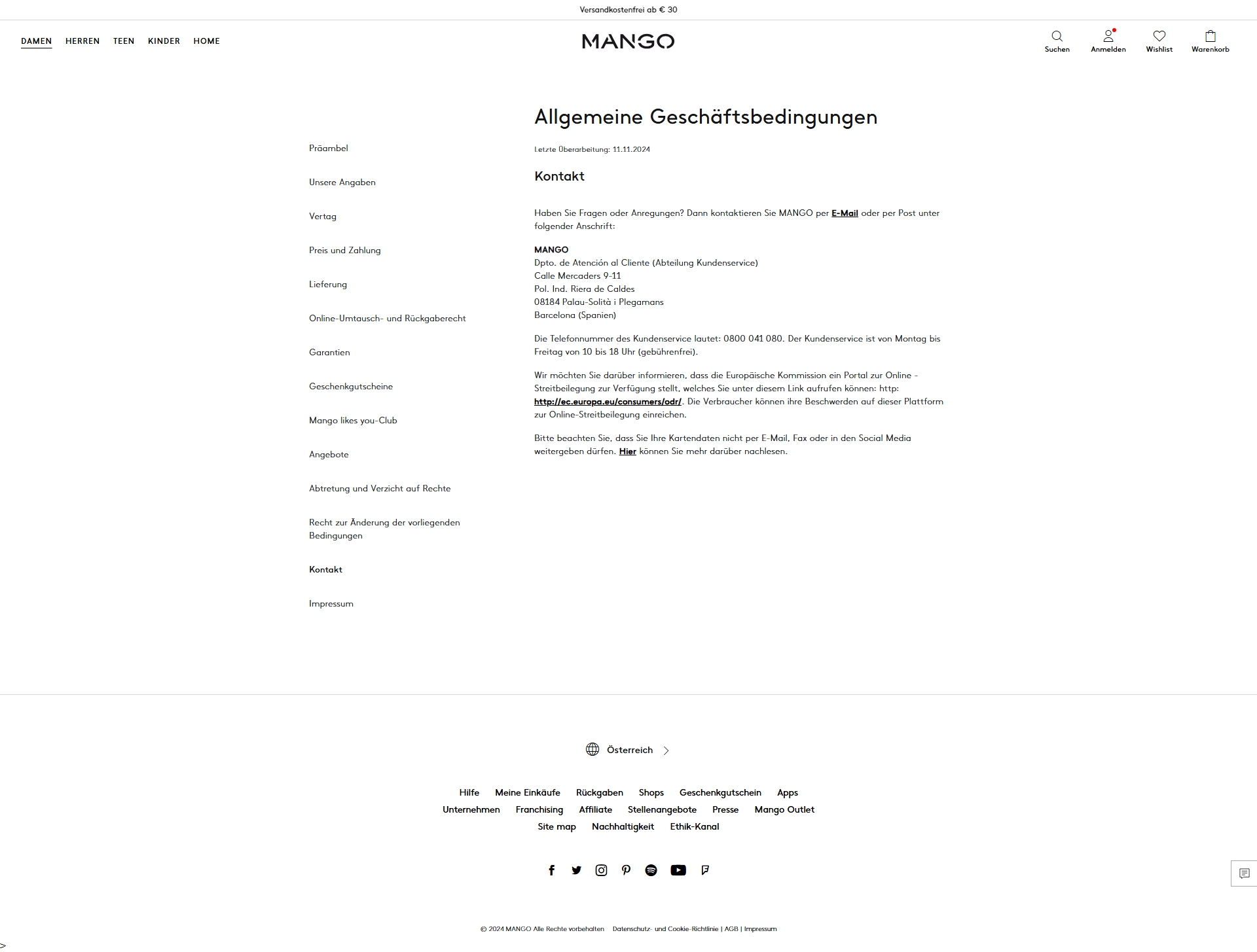 Mango Kundenservice, Telefonnummer, Kontakt