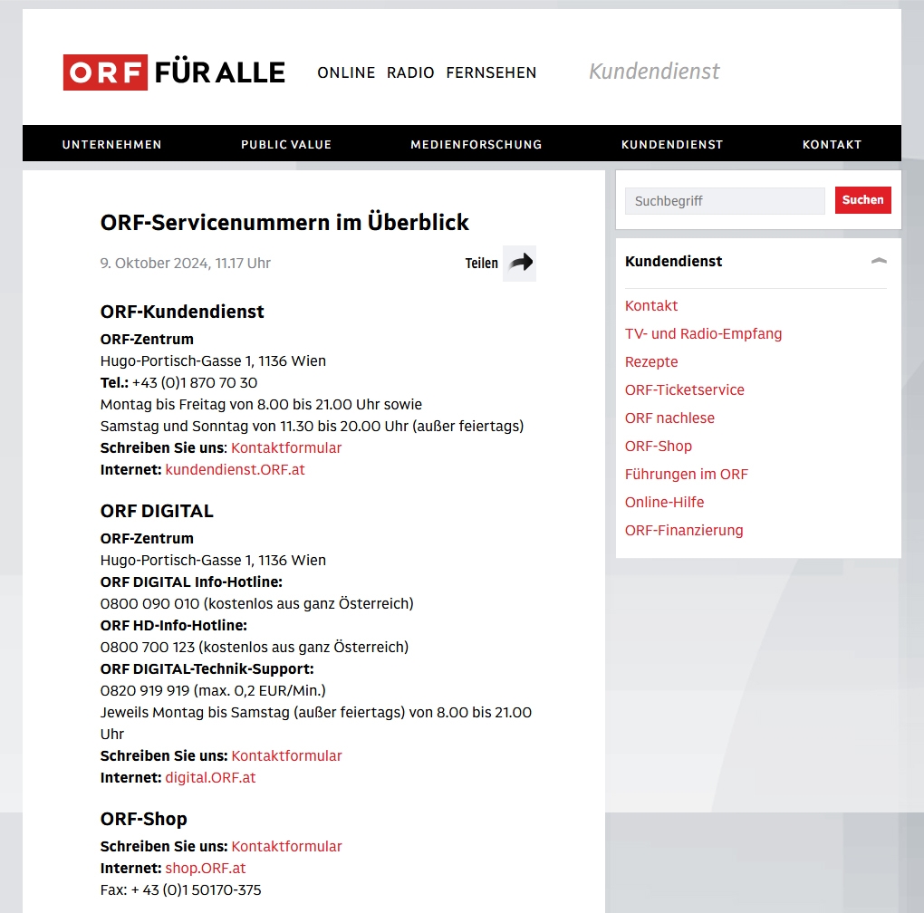 ORF digital Kundenservice, Telefonnummer, Kontakt